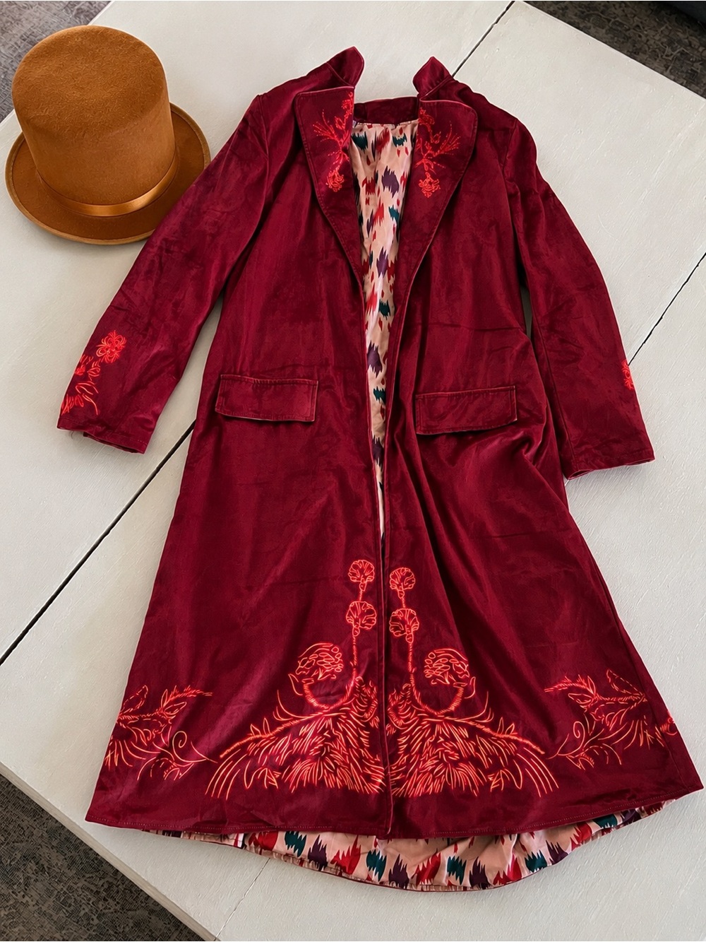 Willy Wonka Inspired Costume Set Kids Burgundy Embroidered Coat & Top Hat
